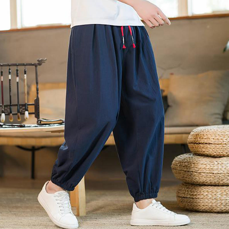 Buddha Stones - einfarbige rote Leinenhose mit Kordelzug und Taschen für Herren - image 33