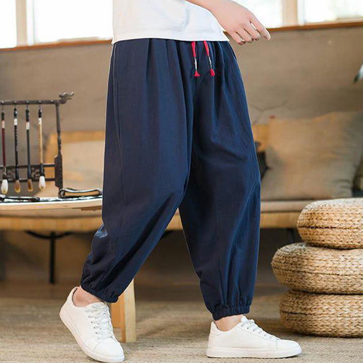 Buddha Stones - einfarbige rote Leinenhose mit Kordelzug und Taschen für Herren - image 33