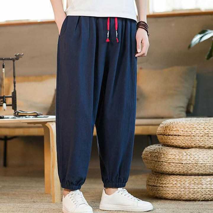 Buddha Stones - einfarbige rote Leinenhose mit Kordelzug und Taschen für Herren - image 31