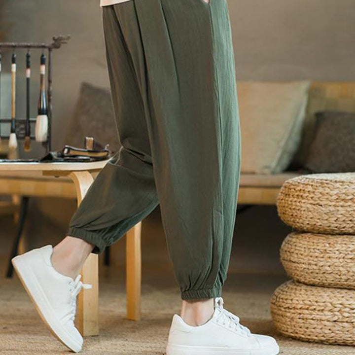 Buddha Stones - einfarbige rote Leinenhose mit Kordelzug und Taschen für Herren - image 10