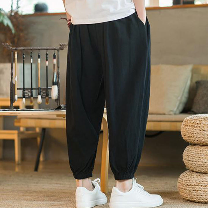 Buddha Stones - einfarbige rote Leinenhose mit Kordelzug und Taschen für Herren - image 20