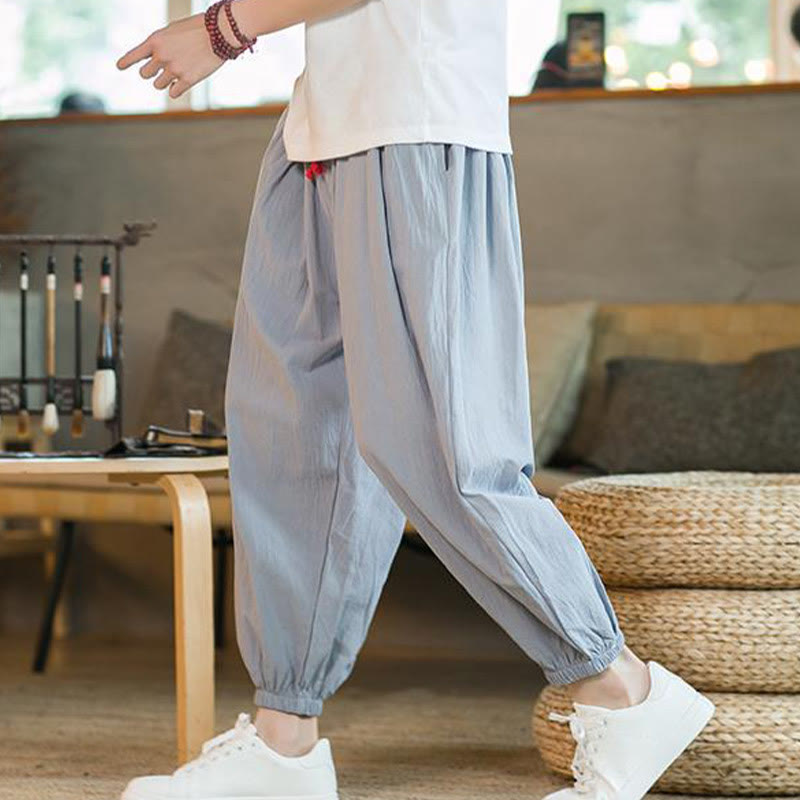 Buddha Stones - einfarbige rote Leinenhose mit Kordelzug und Taschen für Herren - image 28