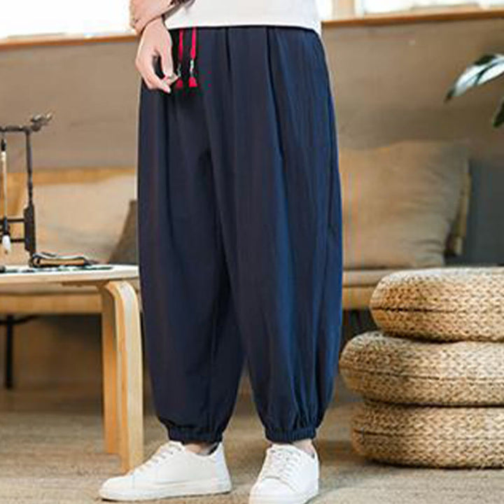 Buddha Stones - einfarbige rote Leinenhose mit Kordelzug und Taschen für Herren - image 32