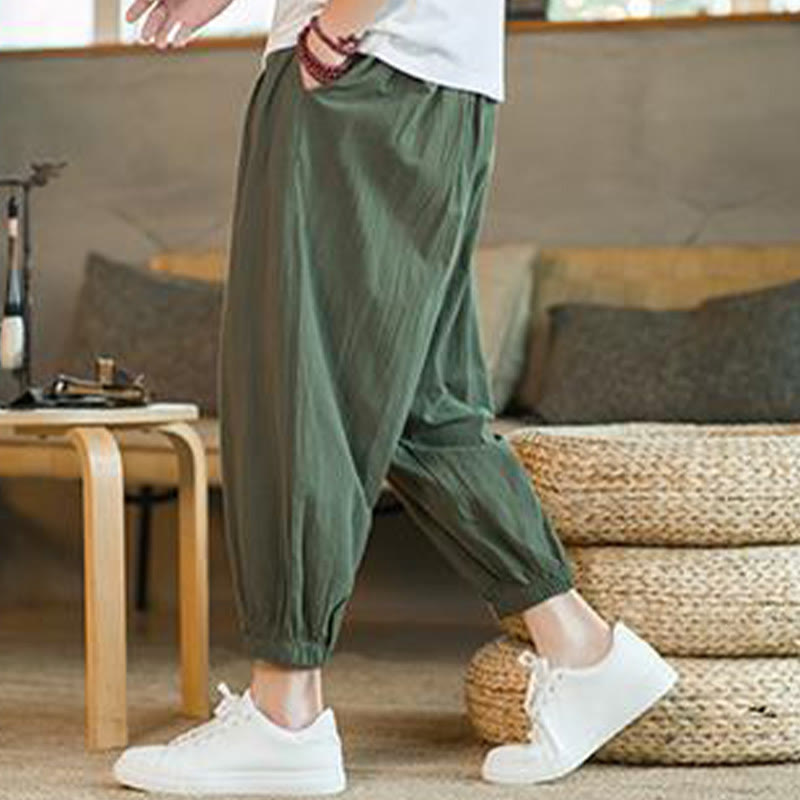 Buddha Stones - einfarbige rote Leinenhose mit Kordelzug und Taschen für Herren - image 8