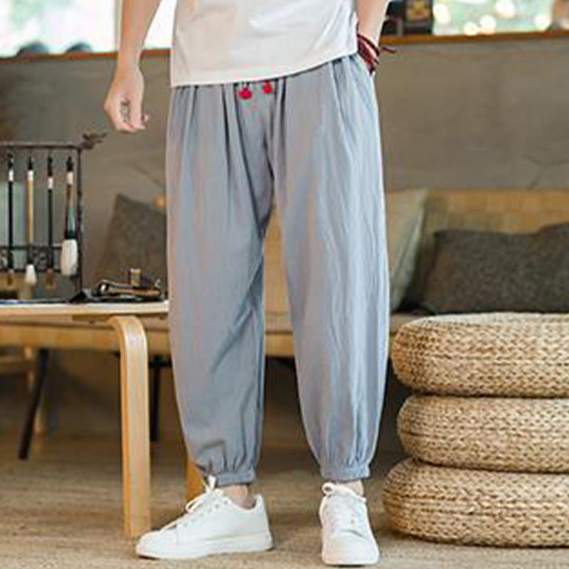 Buddha Stones - einfarbige rote Leinenhose mit Kordelzug und Taschen für Herren - Hellblau - US/UK/AU46, EU56 (5XL) - image 23
