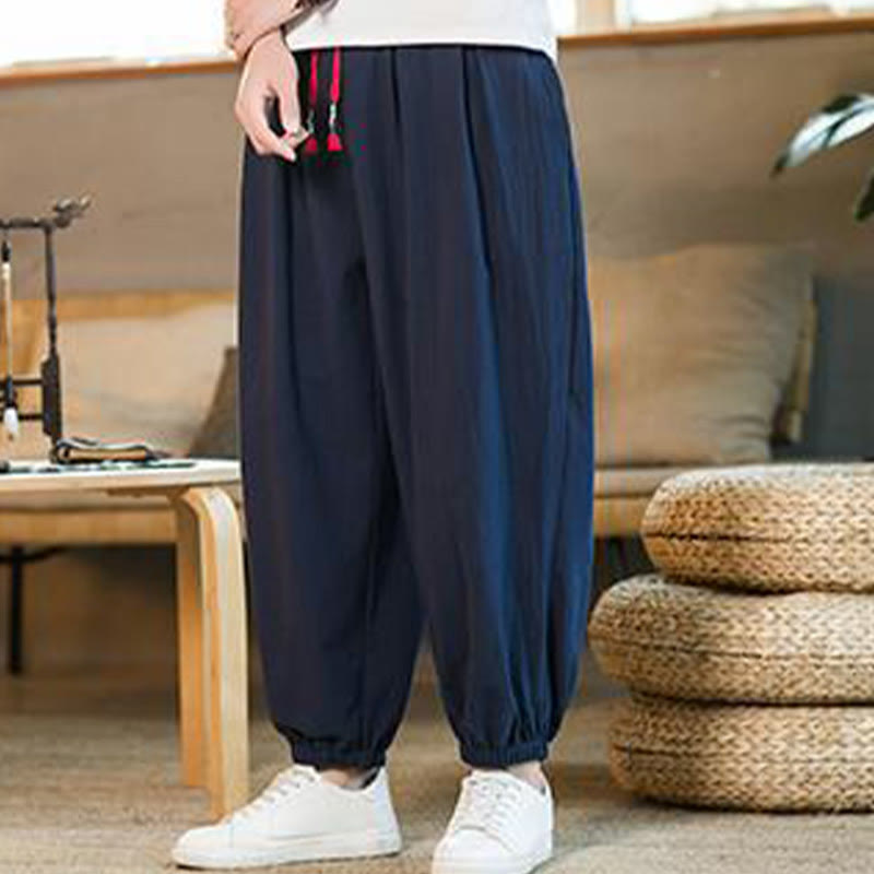 Buddha Stones - einfarbige rote Leinenhose mit Kordelzug und Taschen für Herren - image 32