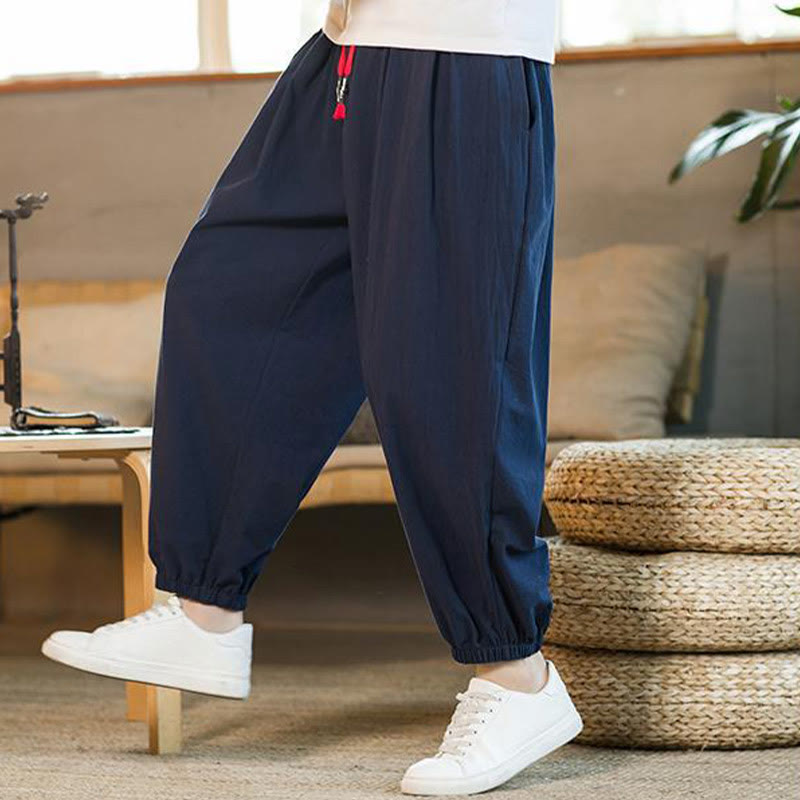 Buddha Stones - einfarbige rote Leinenhose mit Kordelzug und Taschen für Herren - image 35