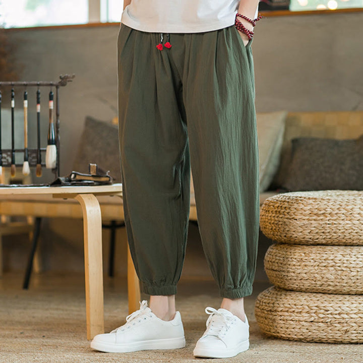 Buddha Stones - einfarbige rote Leinenhose mit Kordelzug und Taschen für Herren - image 2