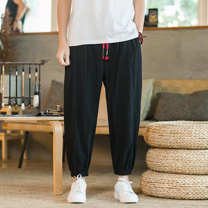 Buddha Stones - einfarbige rote Leinenhose mit Kordelzug und Taschen für Herren - Schwarz - US/ UK/AU46，EU56 (5XL)  - image 12