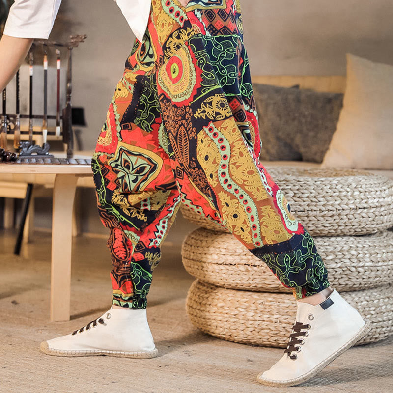 Buddha Stones Rot Gold Lässige Haremshose für Herren aus Baumwolle mit Blätter-Print und Taschen - image 2