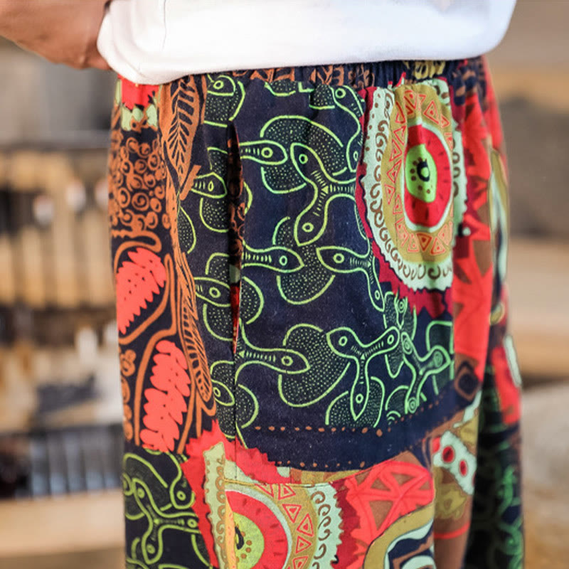 Buddha Stones Rot Gold Lässige Haremshose für Herren aus Baumwolle mit Blätter-Print und Taschen - image 8