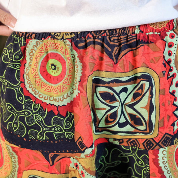 Buddha Stones Rot Gold Lässige Haremshose für Herren aus Baumwolle mit Blätter-Print und Taschen - image 7