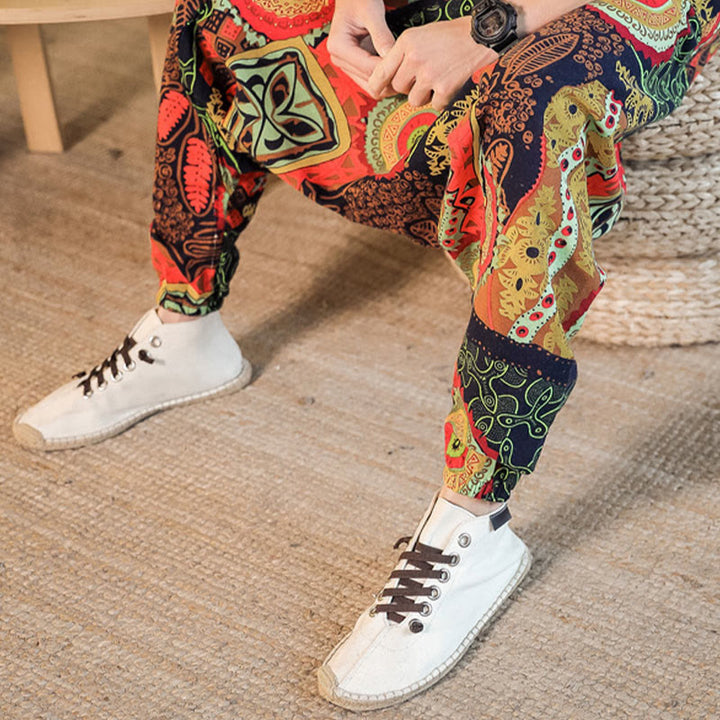 Buddha Stones Rot Gold Lässige Haremshose für Herren aus Baumwolle mit Blätter-Print und Taschen - image 6