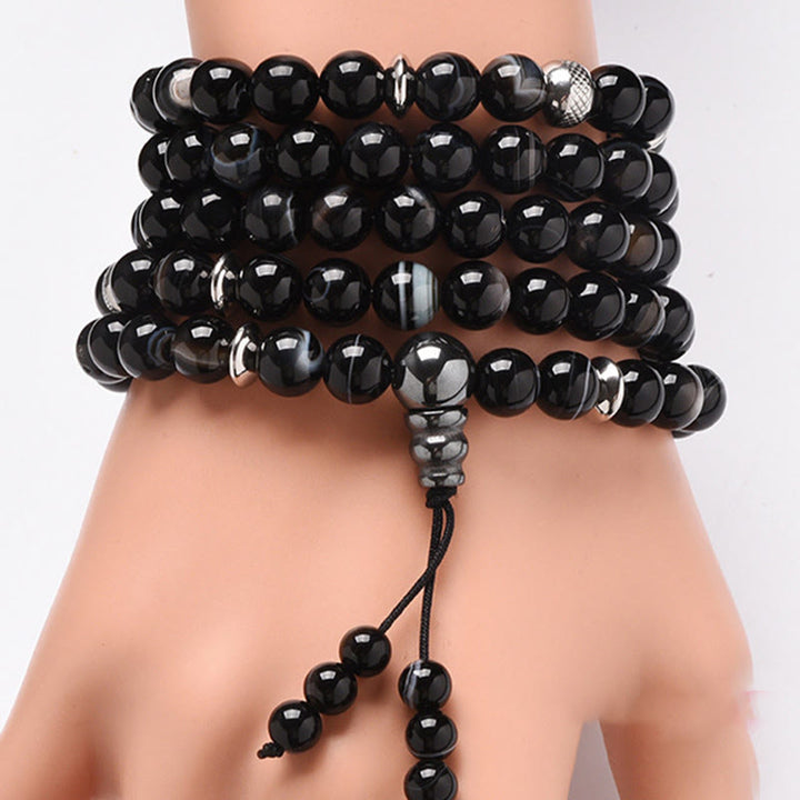 Buddha Stones 108 Mala-Perlen Naturstein Schwarzer Onyx Schutzarmband