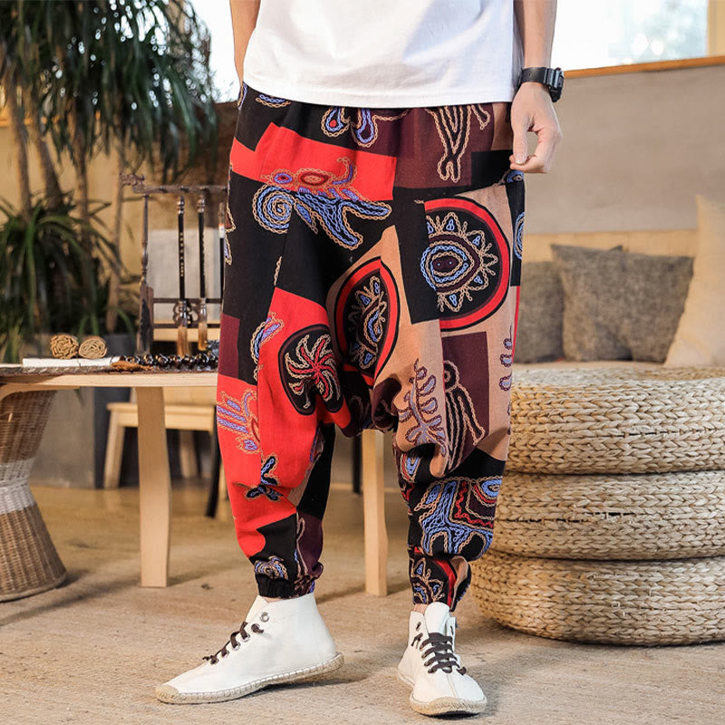 Haremshose aus Baumwolle für Herren mit Buddha Stones und Blumenmuster und Taschen - image 1