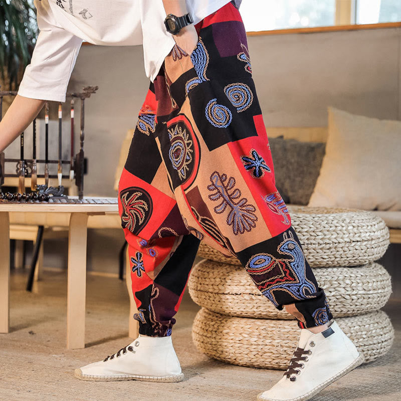 Haremshose aus Baumwolle für Herren mit Buddha Stones und Blumenmuster und Taschen - image 3