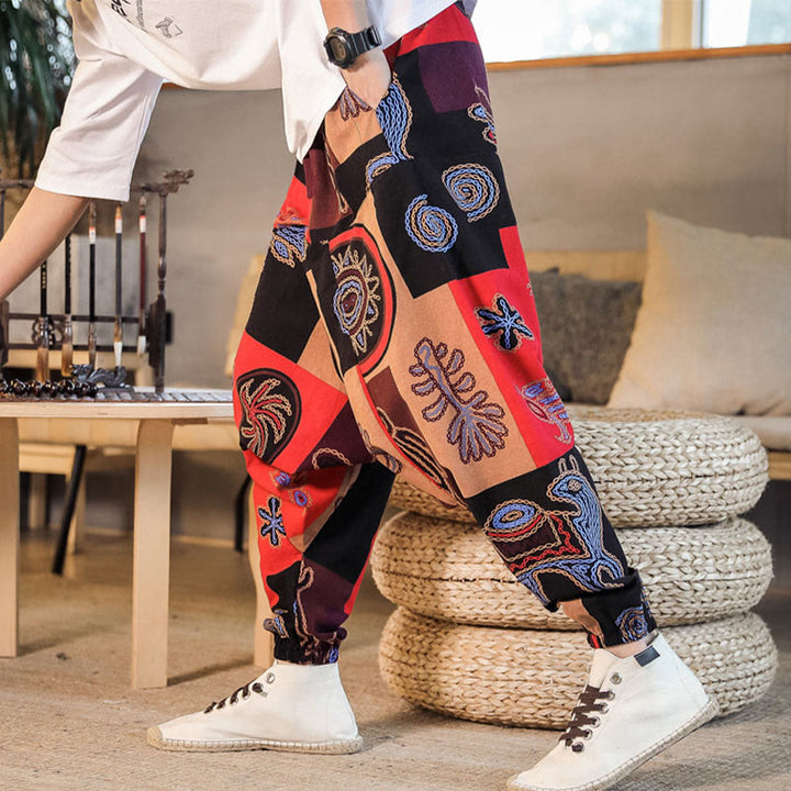 Haremshose aus Baumwolle für Herren mit Buddha Stones und Blumenmuster und Taschen - image 3