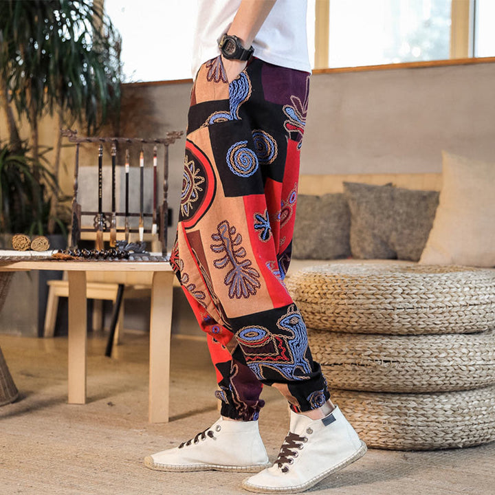 Haremshose aus Baumwolle für Herren mit Buddha Stones und Blumenmuster und Taschen - image 2