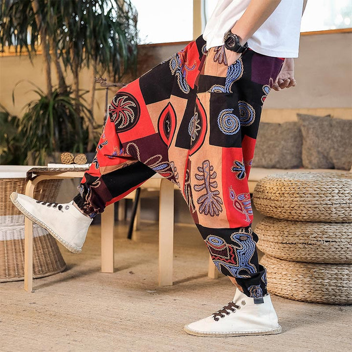 Herren-Haremshose aus Baumwolle mit Buddha Stones -Gitterblumenmuster und Taschen - image 4