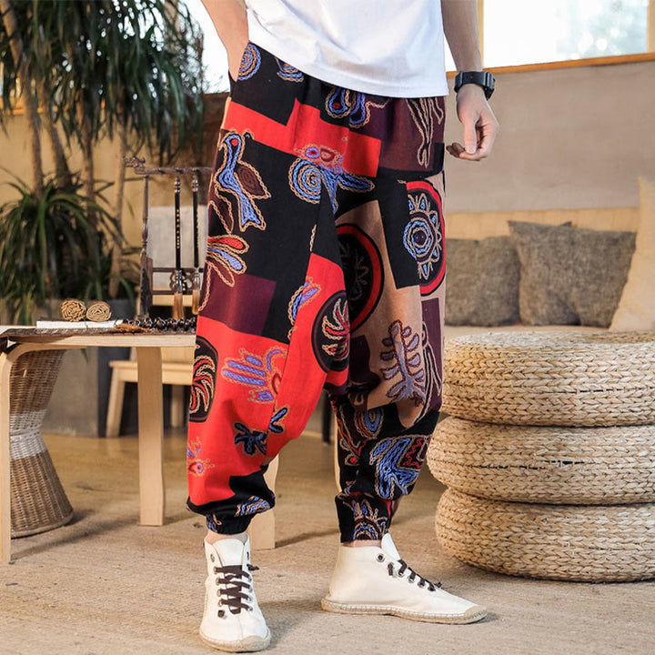 Haremshose aus Baumwolle für Herren mit Buddha Stones und Blumenmuster und Taschen - image 5