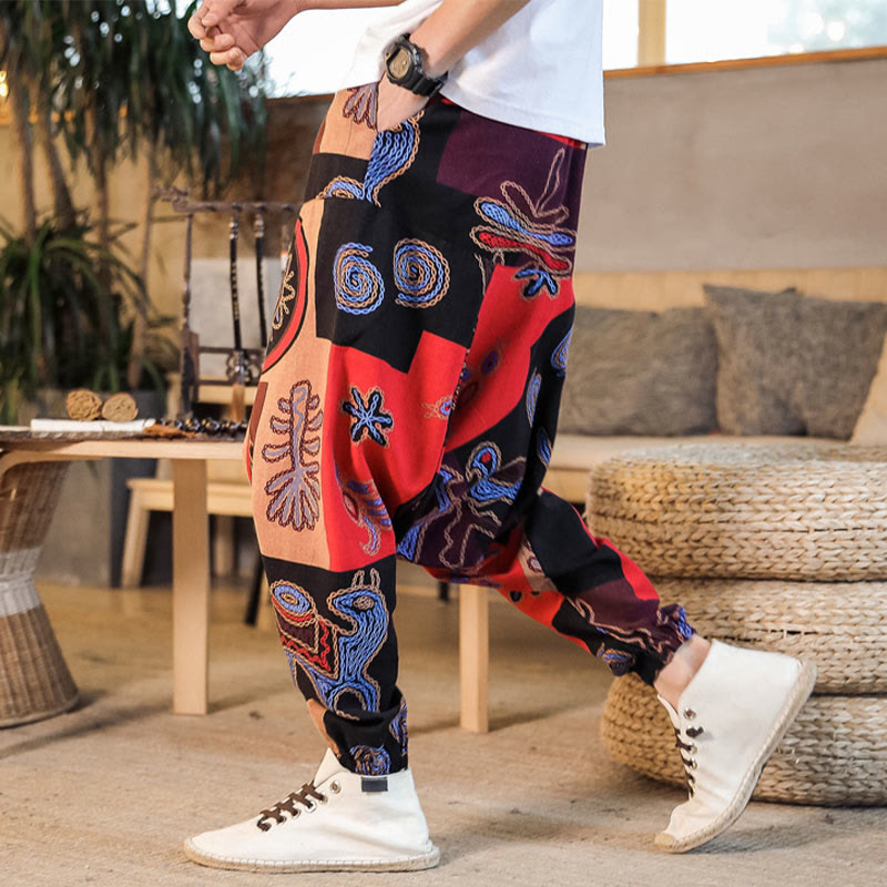 Haremshose aus Baumwolle für Herren mit Buddha Stones und Blumenmuster und Taschen - Rot - US/ UK/AU42, EU52 (3XL) - image 0