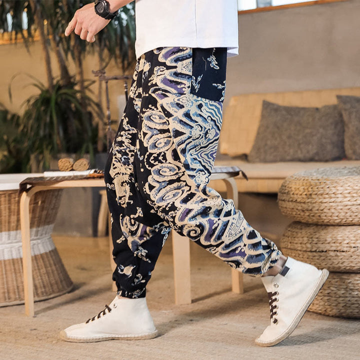 Haremshose aus Baumwolle mit Taschen und Buddha Stones, chinesisches Drachenmuster - Schwarz - US/ UK/AU42, EU52 (3XL) - image 0