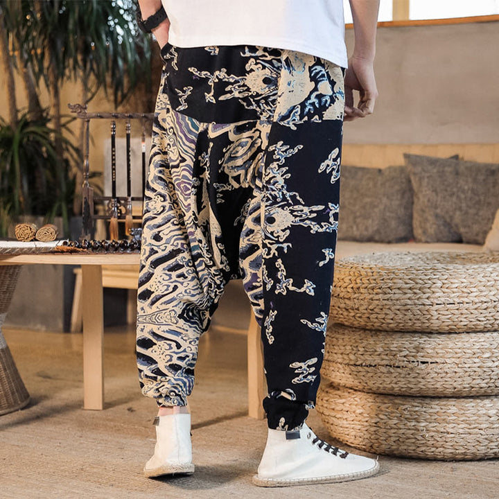 Haremshose aus Baumwolle mit Taschen und Buddha Stones, chinesisches Drachenmuster - image 4