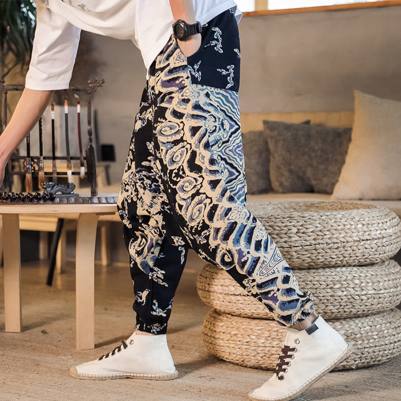 Haremshose aus Baumwolle mit Taschen und Buddha Stones, chinesisches Drachenmuster - image 5