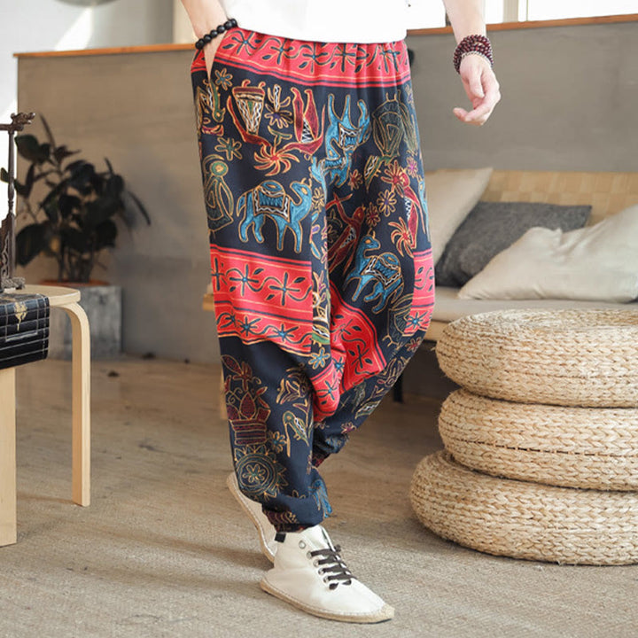 Buddha Stones Buntes Kamelfigurenmuster Haremshose aus Baumwolle für Herren mit Taschen - image 3