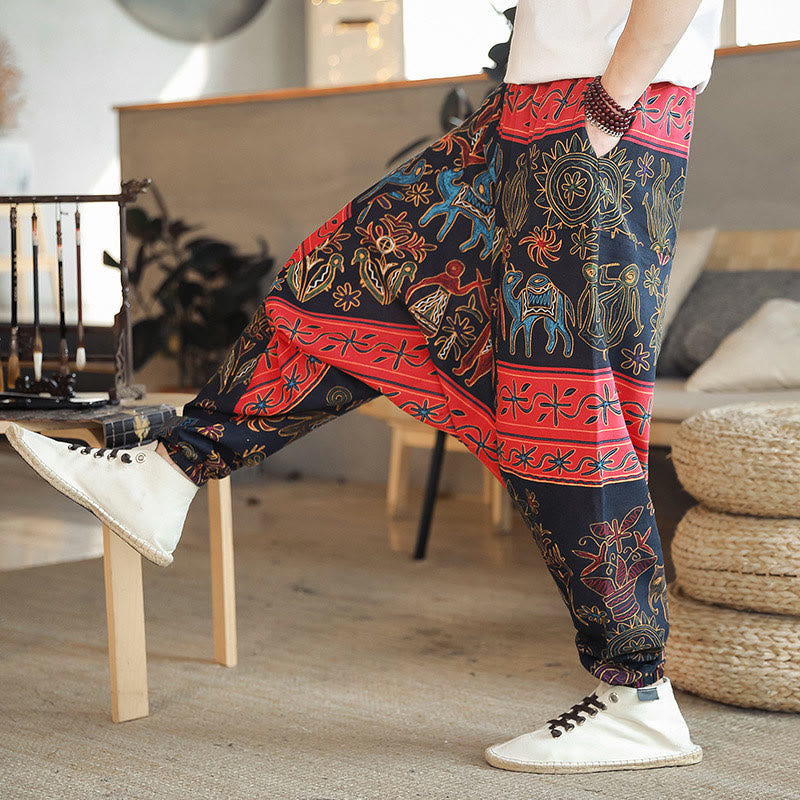Buddha Stones Buntes Kamelfigurenmuster Haremshose aus Baumwolle für Herren mit Taschen - Schwarz - US/ UK/AU42, EU52 (3XL) - image 0