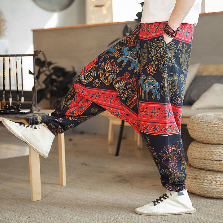 Buddha Stones Buntes Kamelfigurenmuster Haremshose aus Baumwolle für Herren mit Taschen - Schwarz - US/ UK/AU42, EU52 (3XL) - image 0