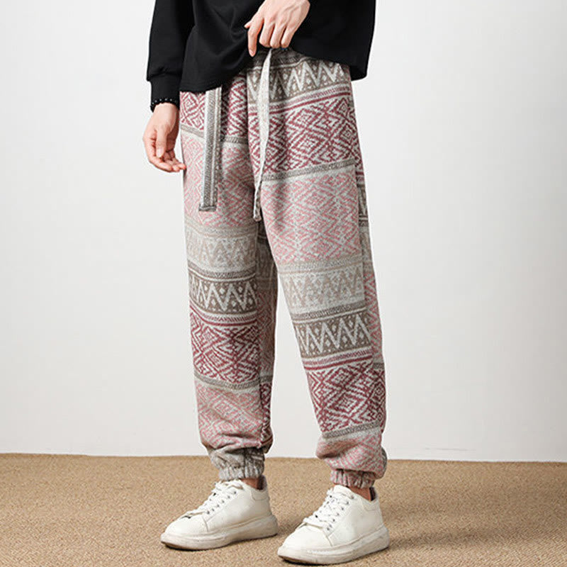 Buddha Stones Ethno Jacquard Strick Kordelzug Herrenhose mit Taschen