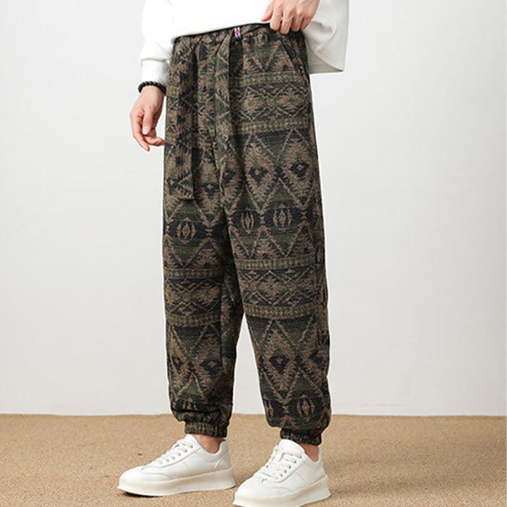 Buddha Stones Ethno Jacquard Strick Kordelzug Herrenhose mit Taschen