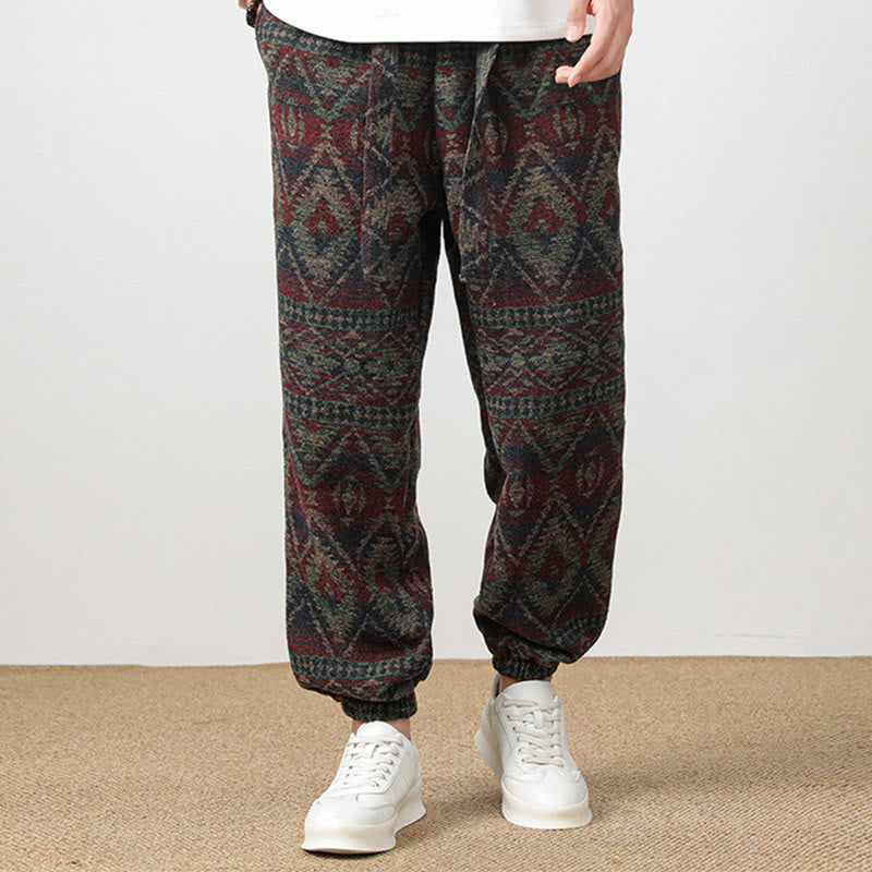 Buddha Stones Ethno Jacquard Strick Kordelzug Herrenhose mit Taschen