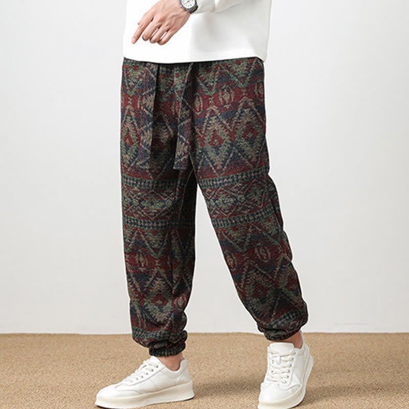 Buddha Stones Ethno Jacquard Strick Kordelzug Herrenhose mit Taschen