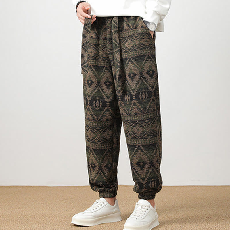 Buddha Stones Ethno Jacquard Strick Kordelzug Herrenhose mit Taschen