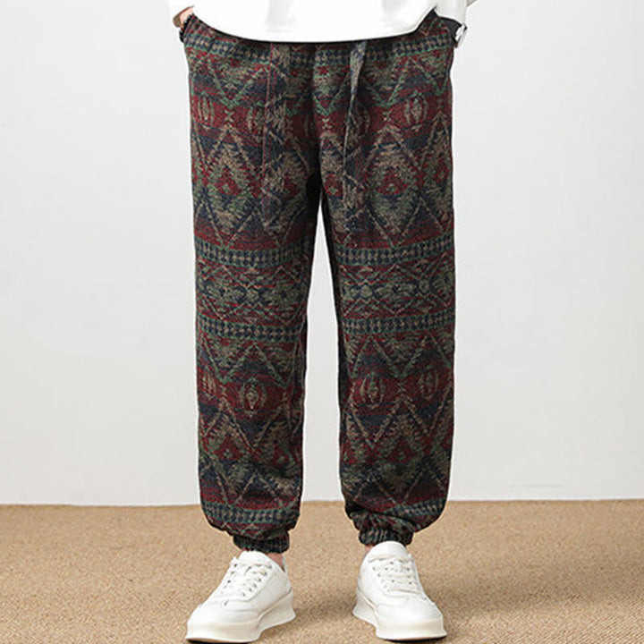 Buddha Stones Ethno Jacquard Strick Kordelzug Herrenhose mit Taschen