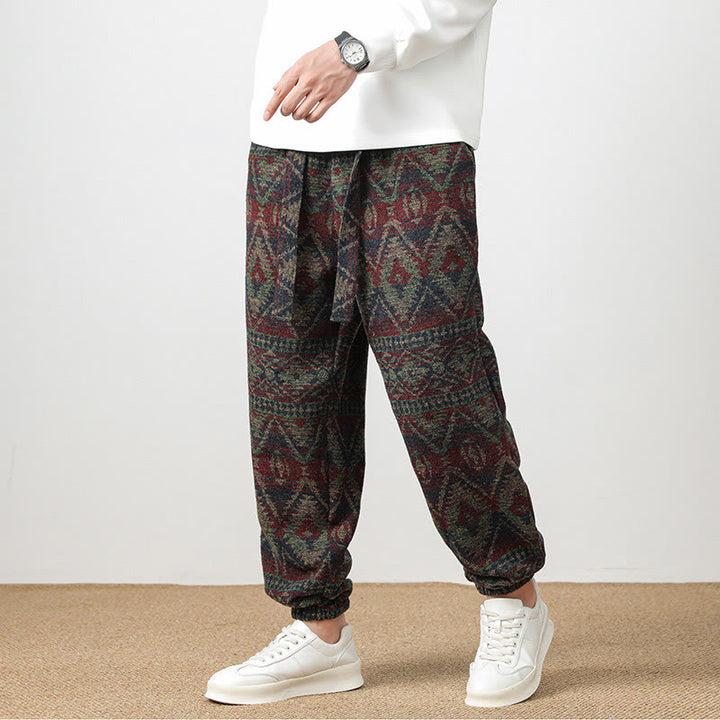 Buddha Stones Ethno Jacquard Strick Kordelzug Herrenhose mit Taschen