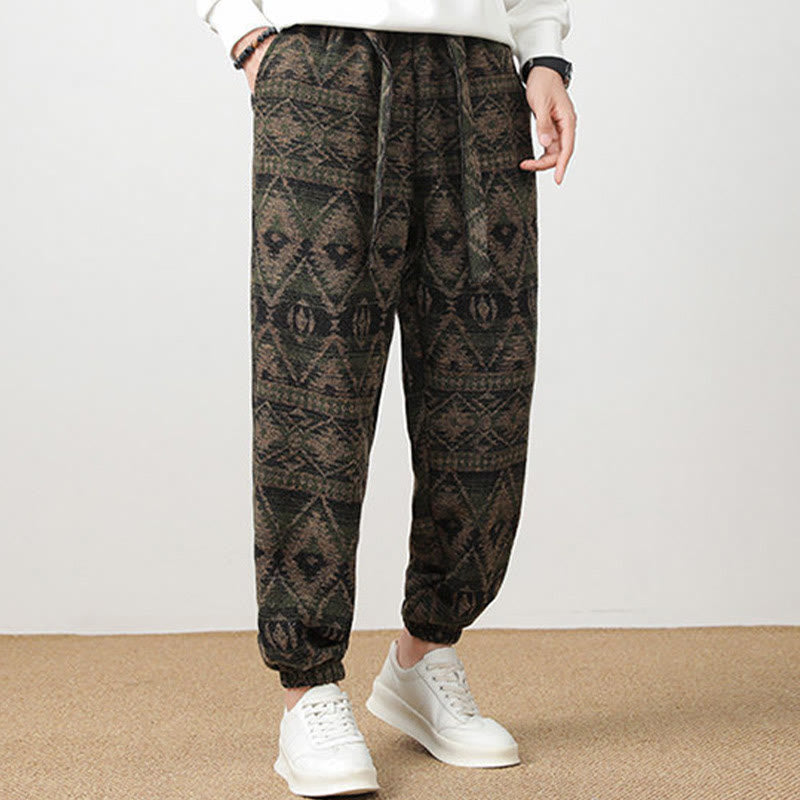 Buddha Stones Ethno Jacquard Strick Kordelzug Herrenhose mit Taschen