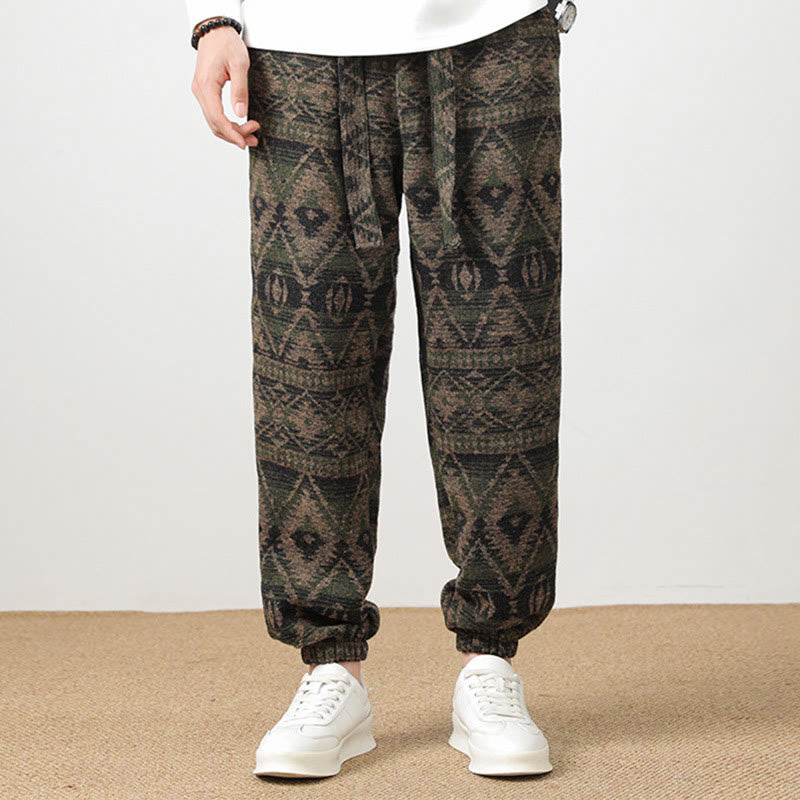 Buddha Stones Ethno Jacquard Strick Kordelzug Herrenhose mit Taschen