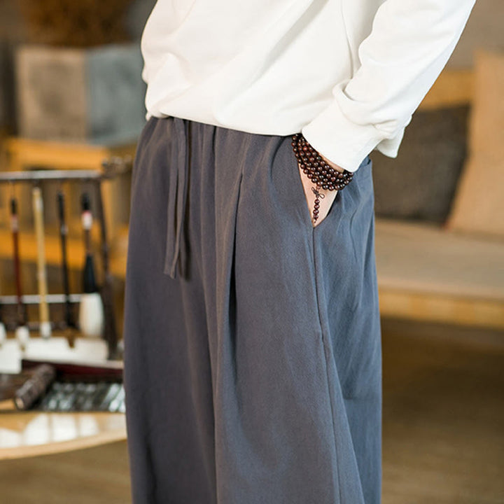 Buddha Stones Einfarbige Haremshose aus Baumwollleinen mit Kordelzug für Herren mit Taschen - image 38