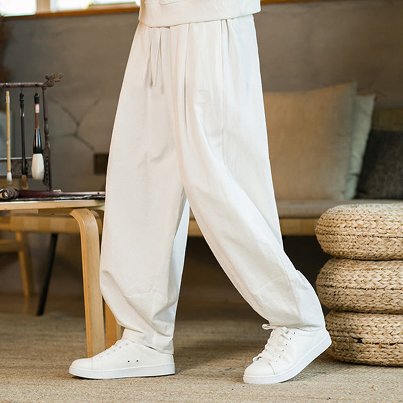 Buddha Stones Einfarbige Haremshose aus Baumwollleinen mit Kordelzug für Herren mit Taschen - image 21