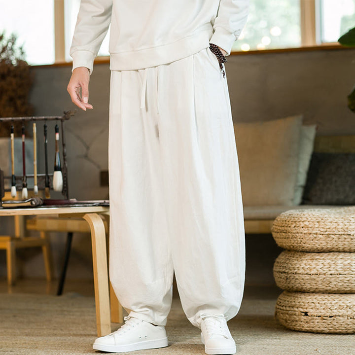 Buddha Stones Einfarbige Haremshose aus Baumwollleinen mit Kordelzug für Herren mit Taschen - image 22
