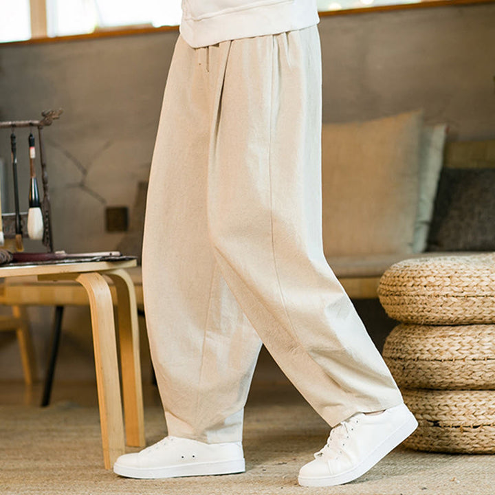 Buddha Stones Einfarbige Haremshose aus Baumwollleinen mit Kordelzug für Herren mit Taschen - image 30