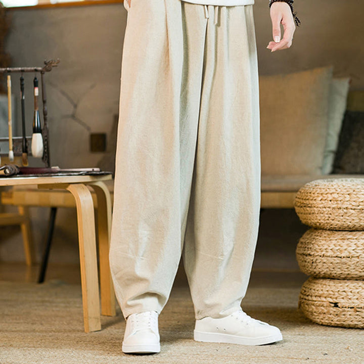 Buddha Stones Einfarbige Haremshose aus Baumwollleinen mit Kordelzug für Herren mit Taschen - Beige - US/ UK/AU46，EU56 (5XL) - image 24