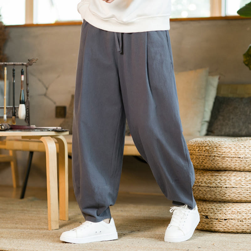 Buddha Stones Einfarbige Haremshose aus Baumwollleinen mit Kordelzug für Herren mit Taschen - image 35