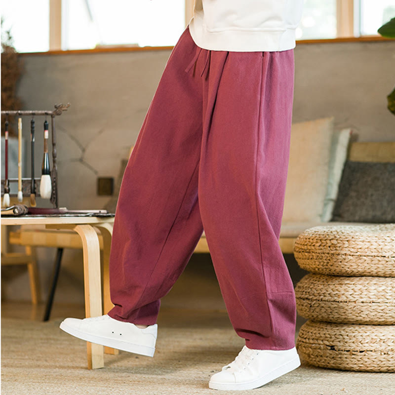 Buddha Stones Einfarbige Haremshose aus Baumwollleinen mit Kordelzug für Herren mit Taschen - image 8