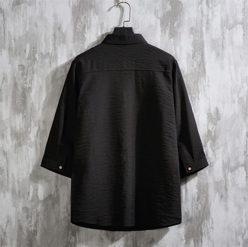 Buddha Stones Lässiges, einfarbiges Herrenhemd mit Dreiviertelärmeln und Knopfleiste vorne - image 13