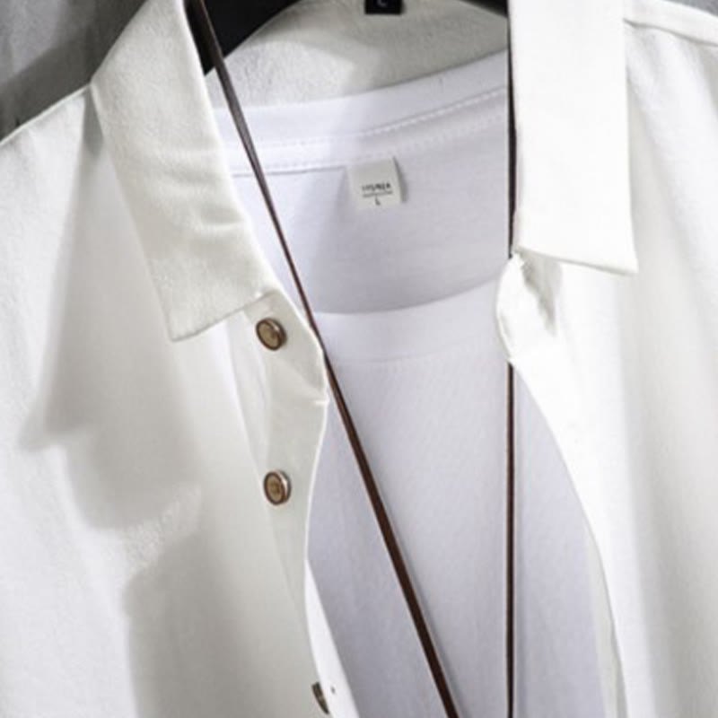 Buddha Stones Lässiges, einfarbiges Herrenhemd mit Dreiviertelärmeln und Knopfleiste vorne - image 2