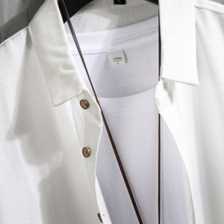 Buddha Stones Lässiges, einfarbiges Herrenhemd mit Dreiviertelärmeln und Knopfleiste vorne - image 2